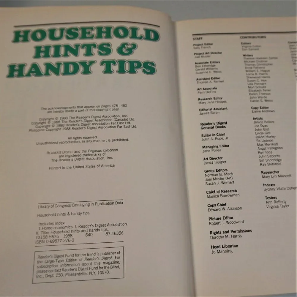 Household Hints and Handy Tips by Reader's Digest Editors 1988 Hardcover